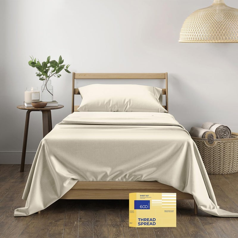 THREAD SPREAD 100% Egyptian Cotton Sheets Set Twin - 600 Thread Count Sheets Twin, 3 PC Deep Pocket Twin Sheets, Soft, Cooling Sateen Weave Extra Long Twin Sheets Set for Dorm, 16" Deep Pocket - Ivory - Image 1